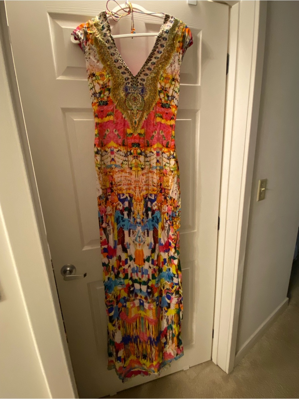Camilla Multicolor silk embellished V‑Neck Maxi Dress w/ open back